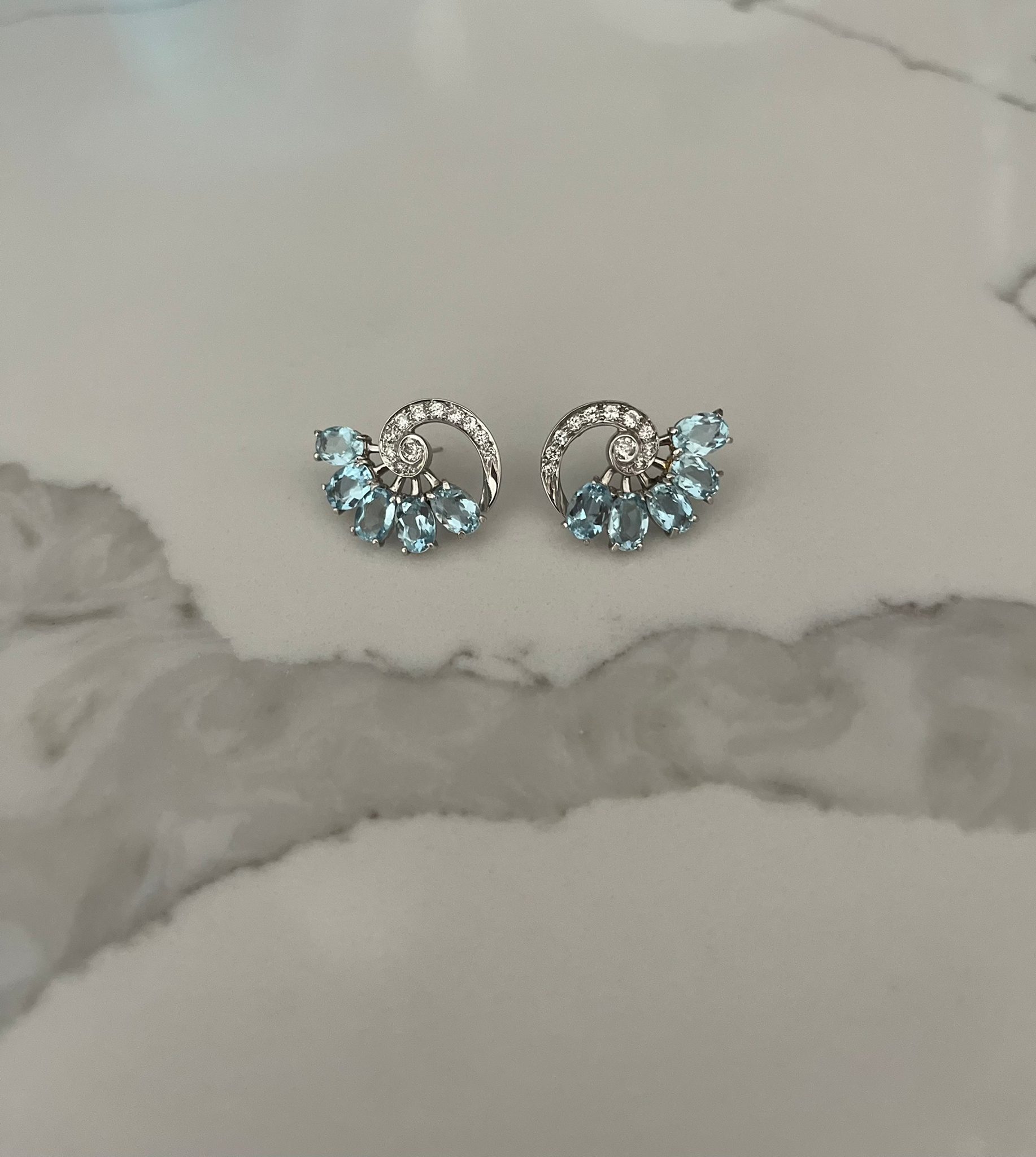 Art Deco Diamond and Aquamarine Platinum Earrings crafted as heirloom-quality fine jewelry.