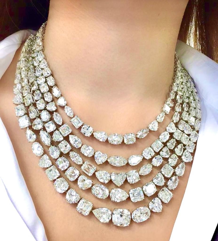 Diamond Tennis Straight Line Necklaces set in white gold for a clean, luminous look.