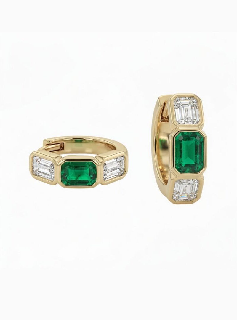 Green Gemstone Emerald-Cut Diamond Helix Huggie